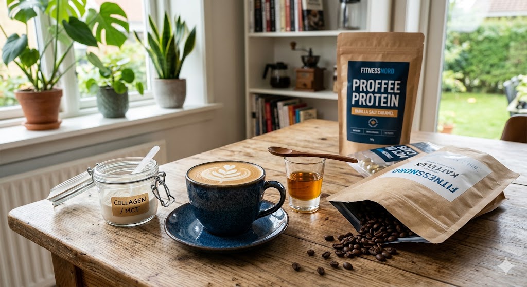 Latte with latte art in a blue cup on a saucer next to a collagen/MCT jar and FitnessNord Coffee Protein bags with coffee beans on a wooden table in a bright kitchen.